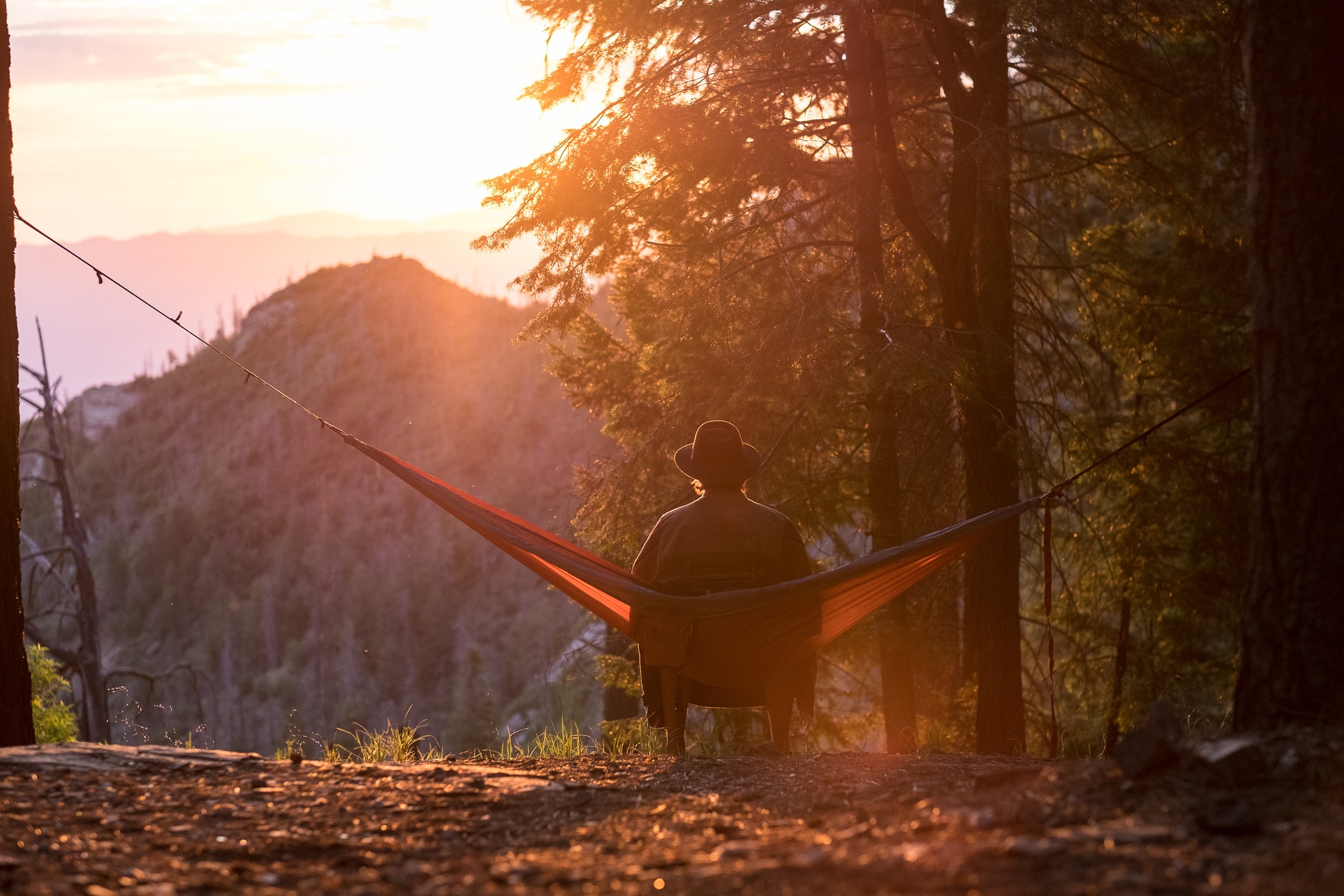 Man in hammock sunset or sunrise